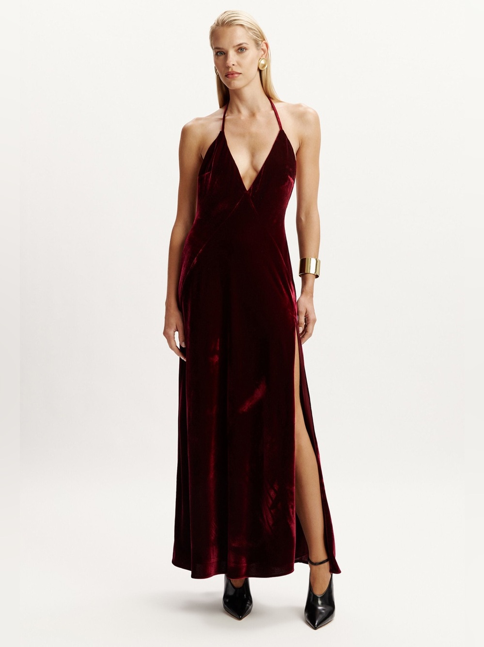 Bardot Yve Velvet Halter Maxi Dress Size Large Burgundy